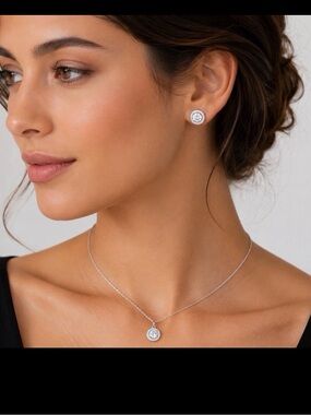 White Gold Filled Halo CZ Necklace and Stud Earring Set 18” Bridal
